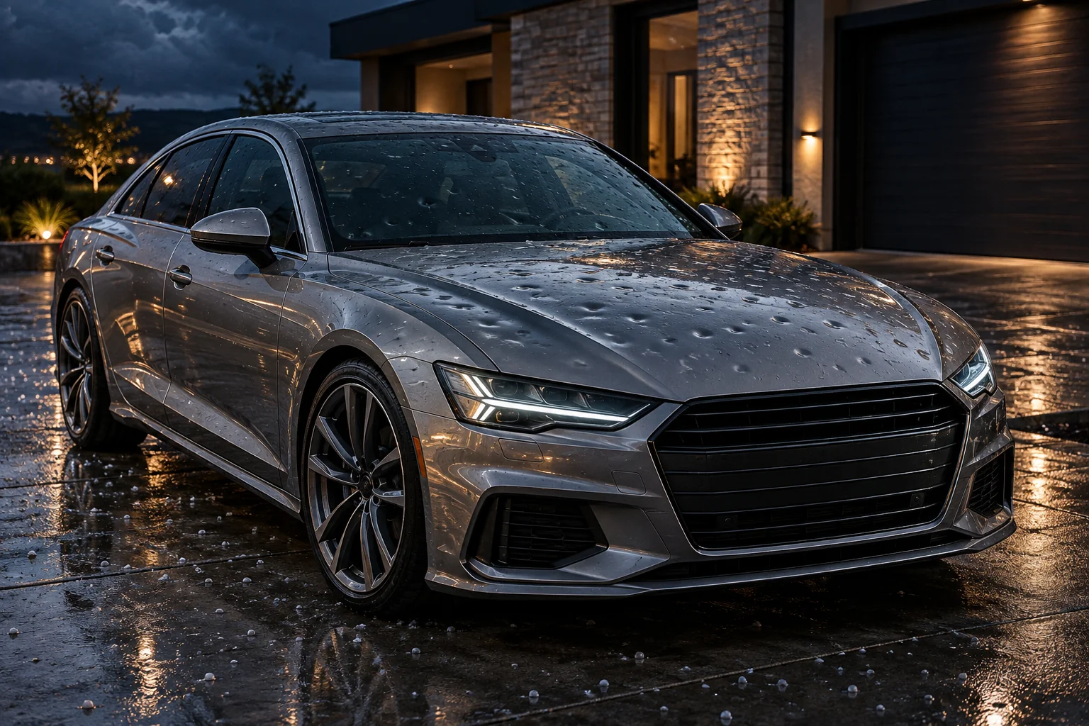 Premium silver sport sedan with shallow hail dents on the hood, visual concept