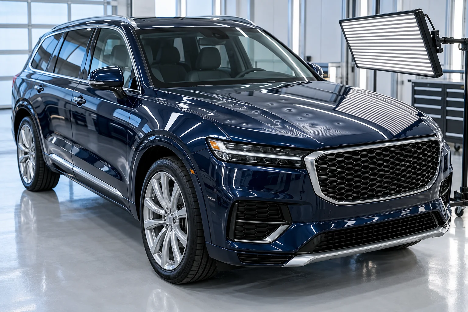 Luxury navy SUV with hail dents under an inspection light, generated visual concept